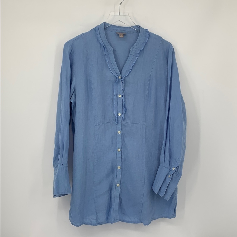 J Jill Linen tunic blouse shirt top blue button chambray blue ruffle trim Large